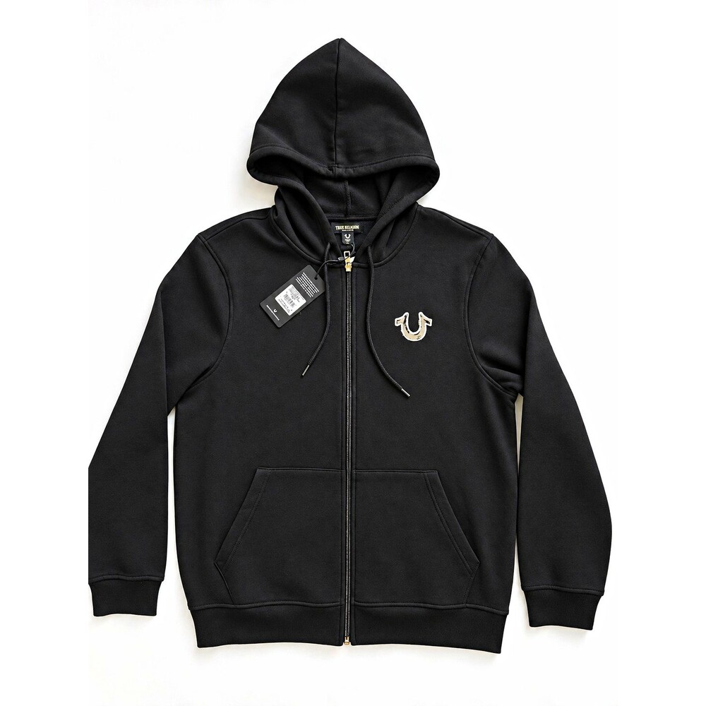 True Religion Mens Hoodie Large Black Graphic Print Full Zip Hooded Jacket NEW